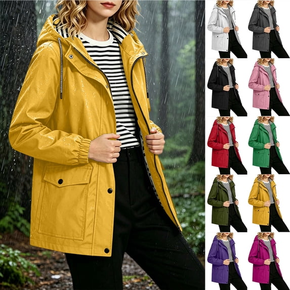 Chiccall Women's Plus Size Waterproof Windbreaker Rain Jacket Striped Lined Drawstring Hood Full Zip Snap Front Long Sleeve Hiking Outdoor Sports Coat Outerwear