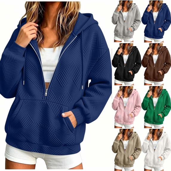 Chiccall Women's Quilted Texture Half Zip Hoodie Sweatshirt, Drawstring Hood Oversized Long Sleeve Loose Casual Pullover Jacket