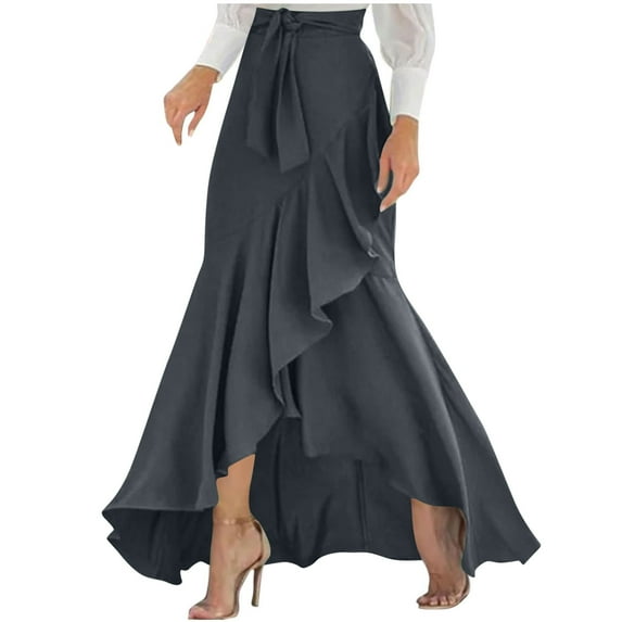 Chiccall Women's Ruffle Wrap Skirt Tie Waist Boho High Low Flowy Asymmetrical Hem Maxi Skirt Fall Formal Elegant Long Skirt