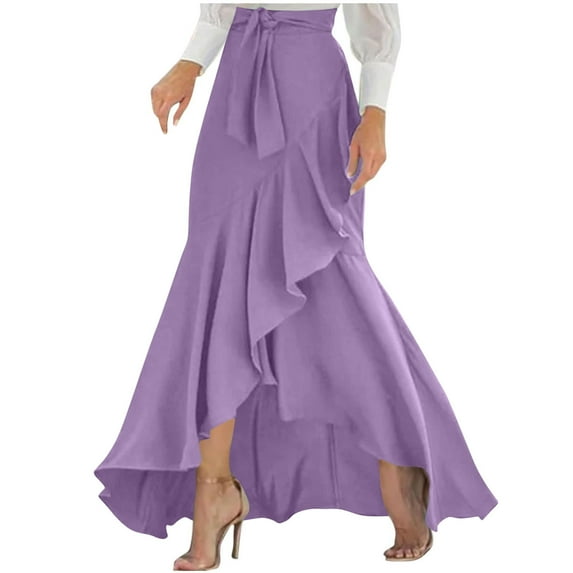 Chiccall Women's Ruffle Wrap Skirt Tie Waist Boho High Low Flowy Asymmetrical Hem Maxi Skirt Fall Formal Elegant Long Skirt