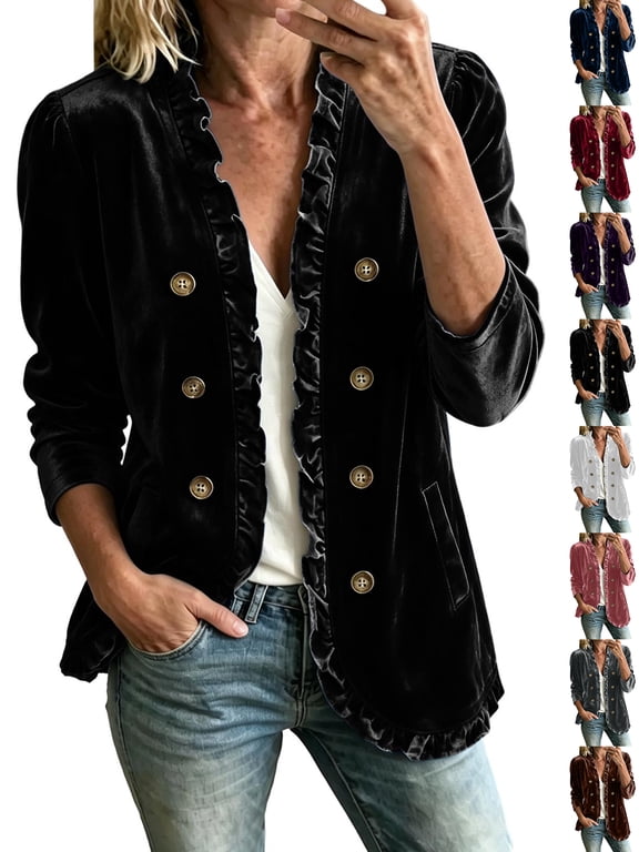 Women's Ruffled Velvet Jacket Open Front Double Button Long Sleeve Casual Blazer Coat with Pockets, Velvet Outerwear for Women Black L