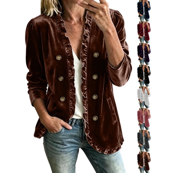 Chiccall Women's Ruffled Velvet Jacket Open Front Double Button Long Sleeve Casual Blazer Coat with Pockets, Velvet Outerwear for Women Brown M