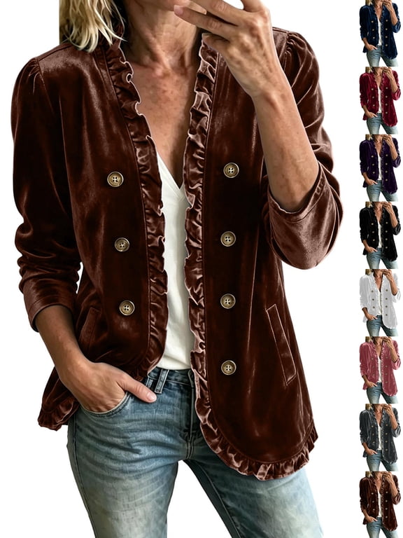 Women's Ruffled Velvet Jacket Open Front Double Button Long Sleeve Casual Blazer Coat with Pockets, Velvet Outerwear for Women Brown M