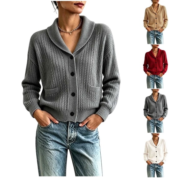 Chiccall Women's Shawl Collar Cable Knit Cardigan Sweaters Fall Winter Fashion Long‑Sleeve Button‑Down Sweater Jacket