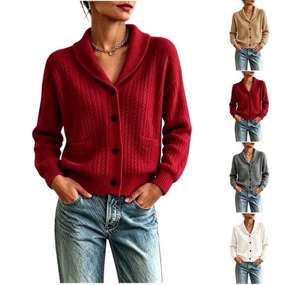 Chiccall Women's Shawl Collar Cable Knit Cardigan Sweaters Fall Winter Fashion Long‑Sleeve Button‑Down Sweater Jacket