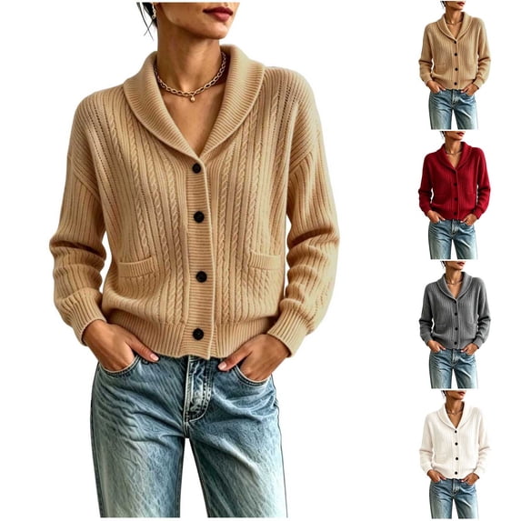 Chiccall Women's Shawl Collar Cable Knit Cardigan Sweaters Fall Winter Fashion Long‑Sleeve Button‑Down Sweater Jacket
