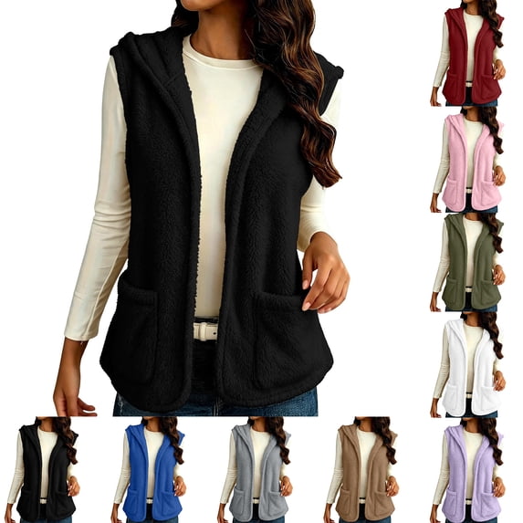 Chiccall Women's Sherpa Fleece Hooded Vest, Open‑Front Sleeveless Cardigan Jacket Casual Warm Gilet Coat