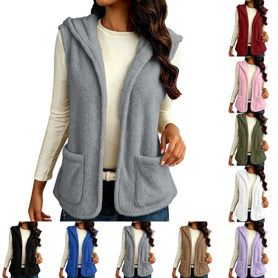 Chiccall Women's Sherpa Fleece Hooded Vest, Open‑Front Sleeveless Cardigan Jacket Casual Warm Gilet Coat