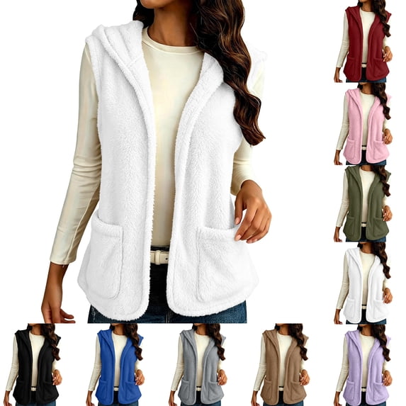 Chiccall Women's Sherpa Fleece Hooded Vest, Open‑Front Sleeveless Cardigan Jacket Casual Warm Gilet Coat
