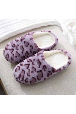 Chiccall Women's Shoes Leopard Print Fuzzy House Slippers, Flat Heel, Purple, 7.5