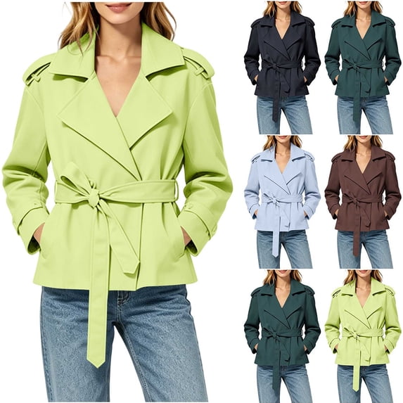 Chiccall Women's Short Trench Overcoat Lapel Notch Collar Belt Waist Oversized Long Sleeve Casual Jacket with Side Pockets