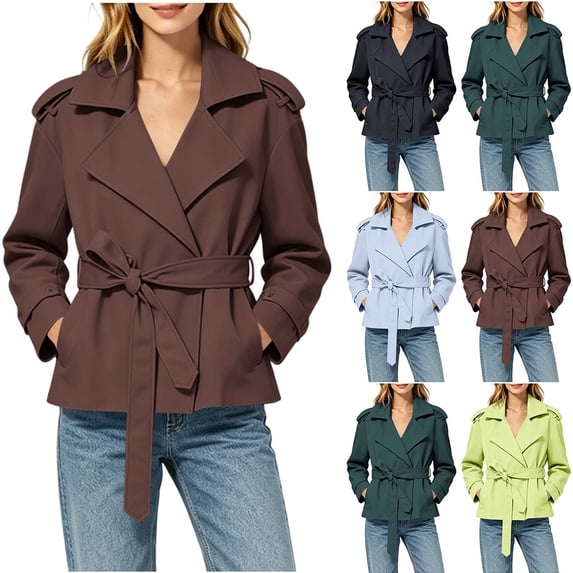 Chiccall Women's Short Trench Overcoat Lapel Notch Collar Belt Waist Oversized Long Sleeve Casual Jacket with Side Pockets