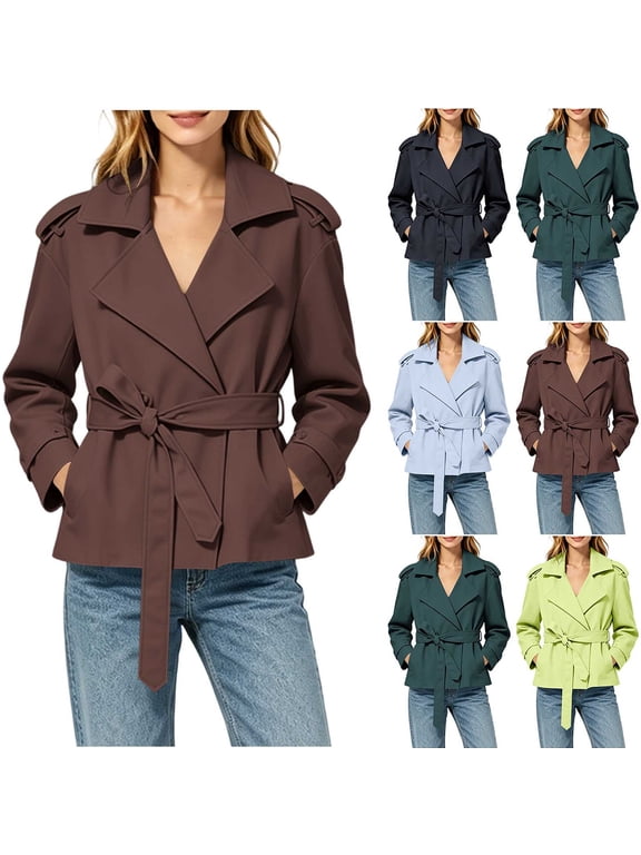 Women's Short Trench Overcoat Lapel Notch Collar Belt Waist Oversized Long Sleeve Casual Jacket with Side Pockets