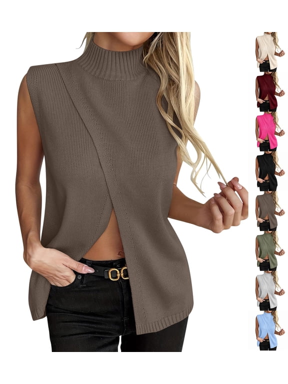 Women's Sleeveless Sweater Vest Trendy Split Front Mock Neck Lightweight Ribbed Knit T-shirt Business Casual Pullover Going Out Tank Tops Brown M