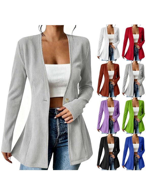 Women's Solid V Neck Ribbed Corduroy Blazer Cardigan Single Button Fitted Flare Hem Long Sleeve Casual Jacket