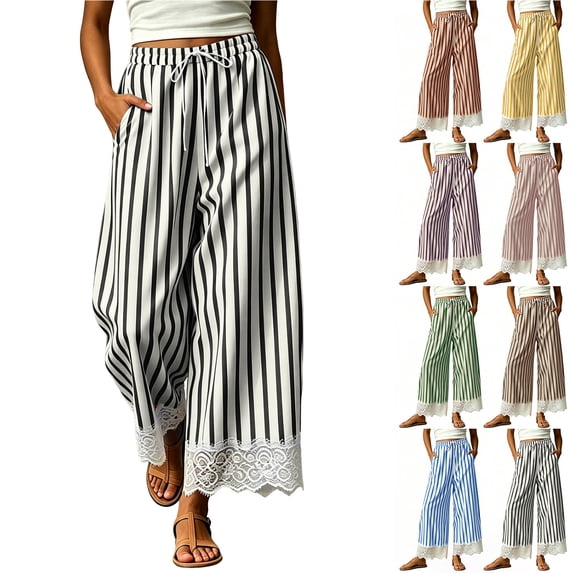 Chiccall Women's Striped Lace Trim Wide Leg Cropped Pants Drawstring Elastic Waist Casual Trousers with Side Pockets Flowy Summer Loungewear