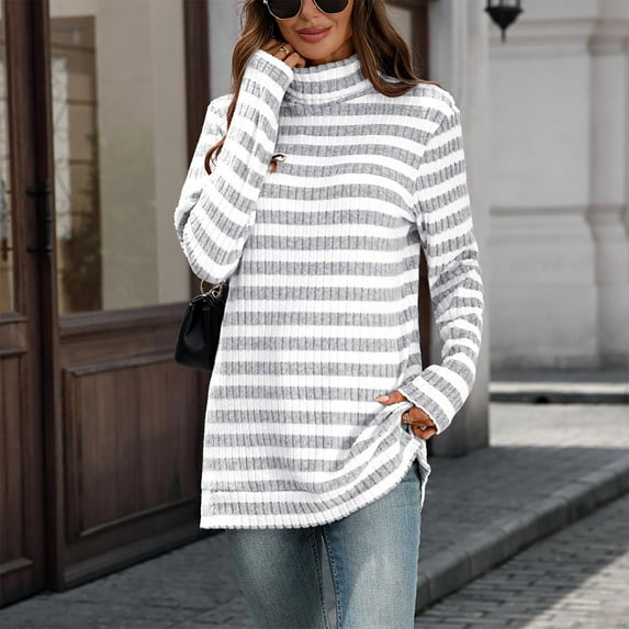 Chiccall Women's Striped Turtleneck Shirt Long Sleeve Slim Knit Sweater Long Sleeve Crewneck Oversize Pullover Tops Gray XL