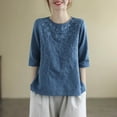 thumbnail image 1 of Chiccall Women's Summer 3/4 Sleeve Cotton Linen Tops Loose Crewneck Casual Vintage Embroidered Blouse Tops Blue L, 1 of 9
