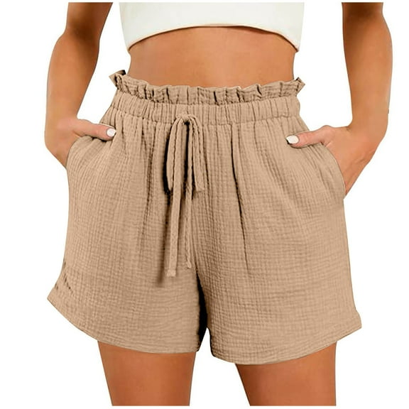 Chiccall Women's Summer Casual High Waisted Textured Shorts Trendy Beach Drawstring Wide Leg Shorts for Women