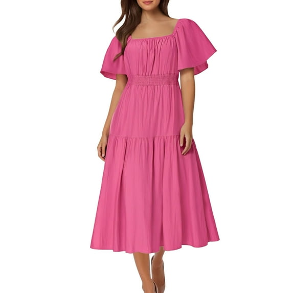 Chiccall Women's Summer Square Neck Short Puff Sleeve Solid High Waist Casual Flowy A Line Tiered Midi Dress Hot Pink S