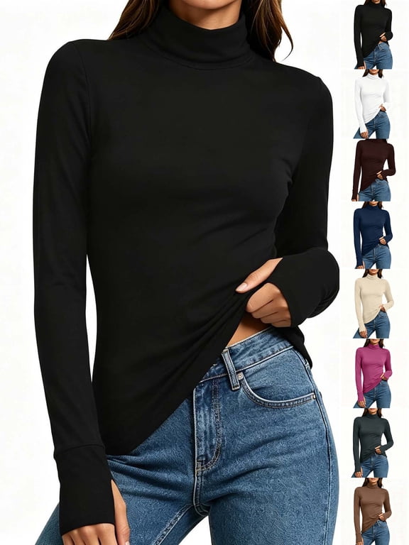 Women's Turtleneck Long Sleeve Base Layer Top, Stretchy Slim Fit Thermal Shirt with Thumb Holes for Fall Winter Layering