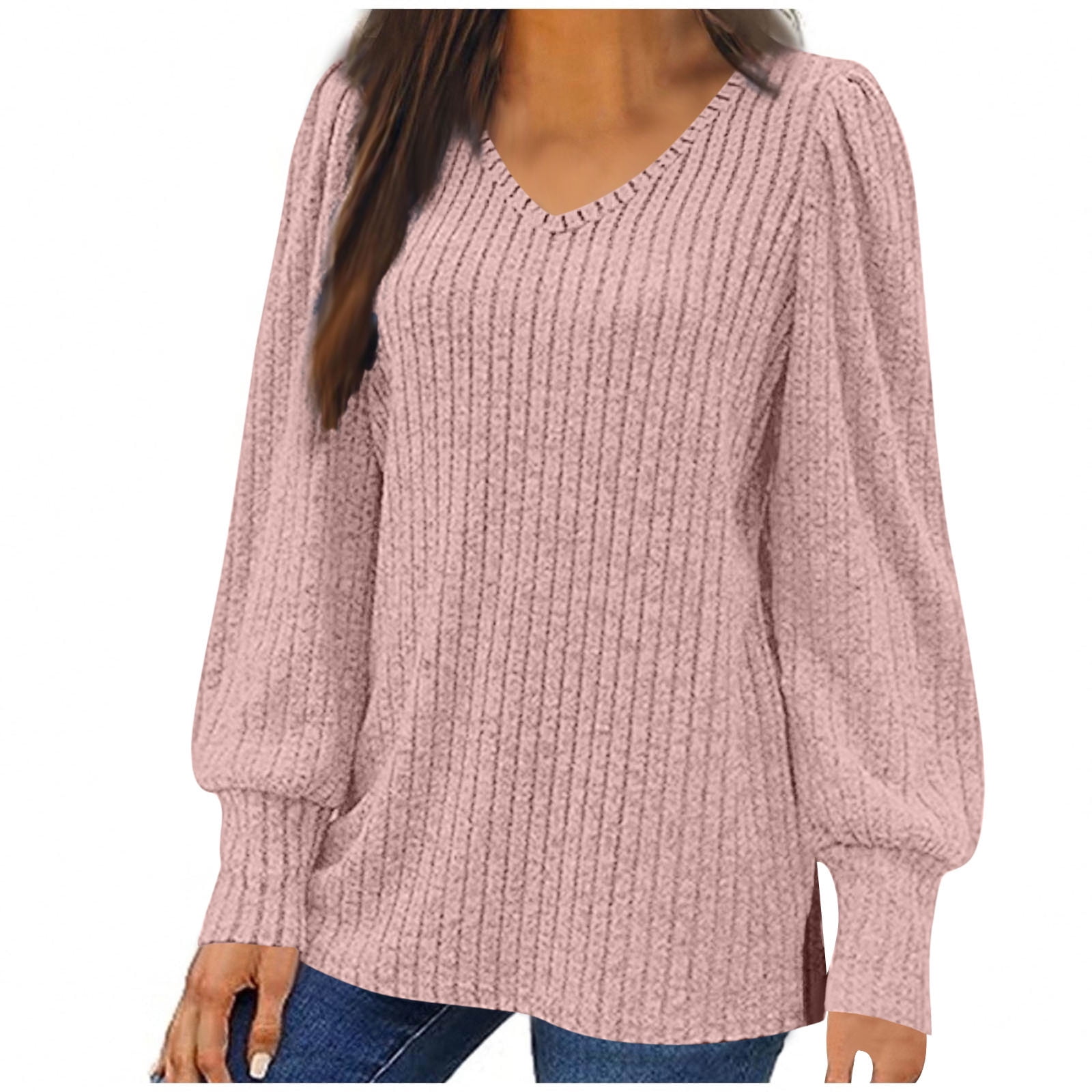 Chiccall Women #39 s V Neck Long Puff Sleeve Side Slit Sweater Casual Loose Chiccall Women #39 s V Neck Long Puff Sleeve Side Slit Sweater Casual Loose