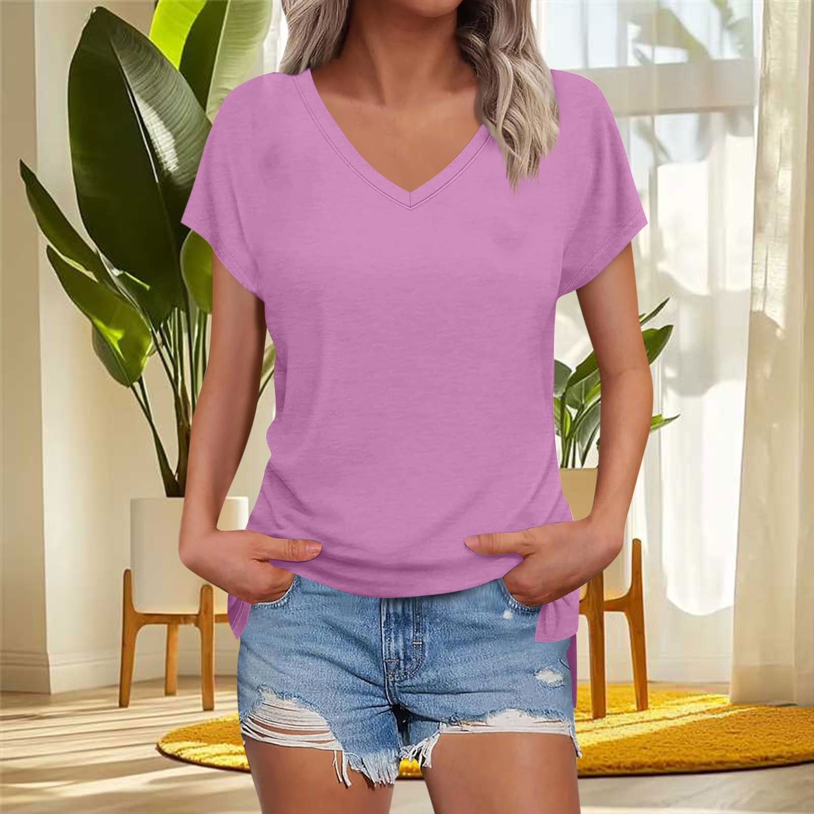 Chiccall Women's V Neck Short Sleeve Tops Casual T Shirts Basic Blouse ...