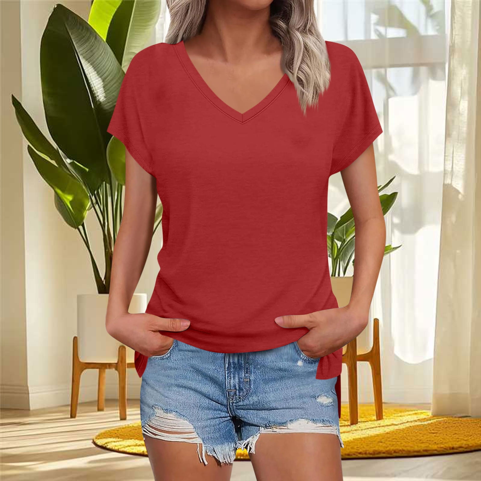 Chiccall Women's V Neck Short Sleeve Tops Casual T Shirts Basic Blouse ...
