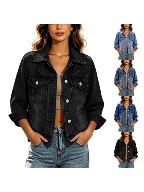 Women's Vintage Washed Black Denim Trucker Jacket Fashion Lapel Button Down Long Sleeve Cropped Casual Coat