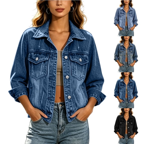 Chiccall Women's Vintage Washed Black Denim Trucker Jacket Fashion Lapel Button Down Long Sleeve Cropped Casual Coat