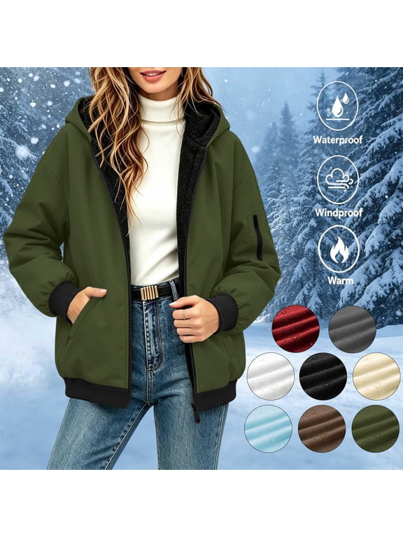 Women’s Water‑Resistant Hooded Fleece Lined Jacket, Zip‑Up Winter Windbreaker with Ribbed Cuffs, Loose Casual Outer Coat with Pockets