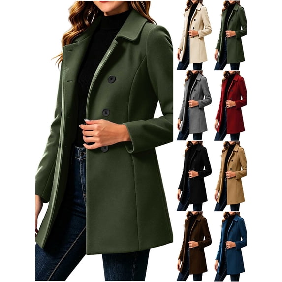 Chiccall Women's Winter Double Breasted Wool Coat Long Sleeve Notch Lapel Mid-Length Trench Coat Casual Overcoat with Pockets