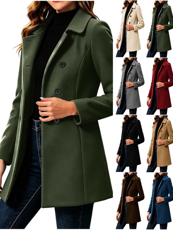 Women's Winter Double Breasted Wool Coat Long Sleeve Notch Lapel Mid-Length Trench Coat Casual Overcoat with Pockets