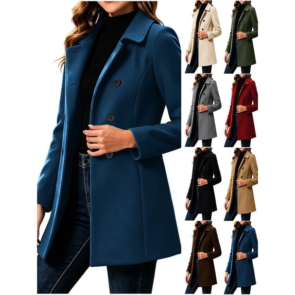Chiccall Women's Winter Double Breasted Wool Coat Long Sleeve Notch Lapel Mid-Length Trench Coat Casual Overcoat with Pockets