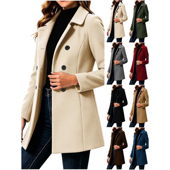 Chiccall Women's Winter Double Breasted Wool Coat Long Sleeve Notch Lapel Mid-Length Trench Coat Casual Overcoat with Pockets