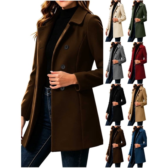 Chiccall Women's Winter Double Breasted Wool Coat Long Sleeve Notch Lapel Mid-Length Trench Coat Casual Overcoat with Pockets