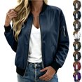 thumbnail image 1 of Chiccall Women's Zip‑Up Bomber Jacket Long Sleeve Casual Outer Coat With Side Pockets Fall Fashion Streetwear Outerwear Navy XL, 1 of 8