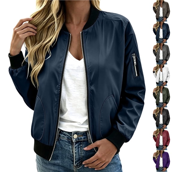 Chiccall Women's Zip‑Up Bomber Jacket Long Sleeve Casual Outer Coat With Side Pockets Fall Fashion Streetwear Outerwear Navy XL