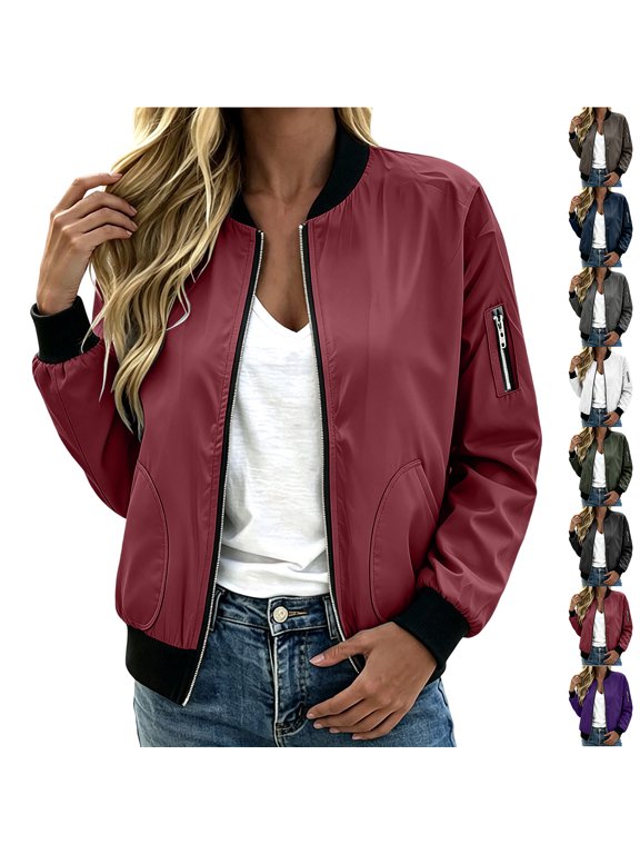 Women's Zip‑Up Bomber Jacket Long Sleeve Casual Outer Coat With Side Pockets Fall Fashion Streetwear Outerwear Wine S