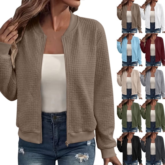 Chiccall Women's Zip‑Up Bomber Jacket, Long‑Sleeve Cropped Casual Outerwear, Lightweight Fashion Short Coat Brown XL