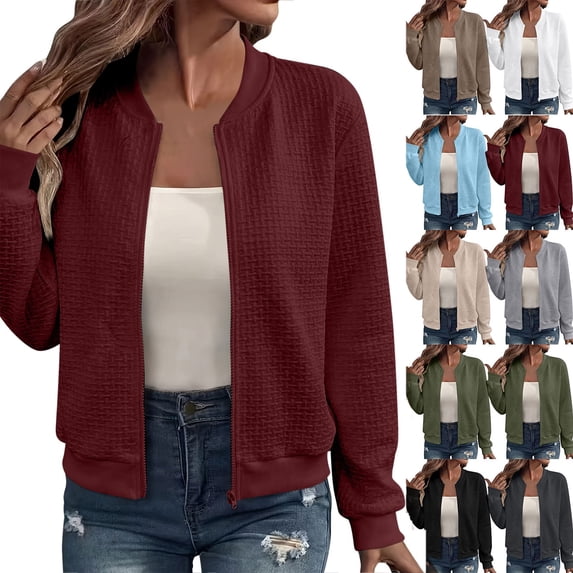 Chiccall Women's Zip‑Up Bomber Jacket, Long‑Sleeve Cropped Casual Outerwear, Lightweight Fashion Short Coat Wine M