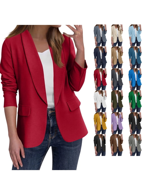 Womens Blazers Long Sleeve Business Casual Open Front Cardigan Jacket Padded Shoulder Double Layered Blazers with Pockets