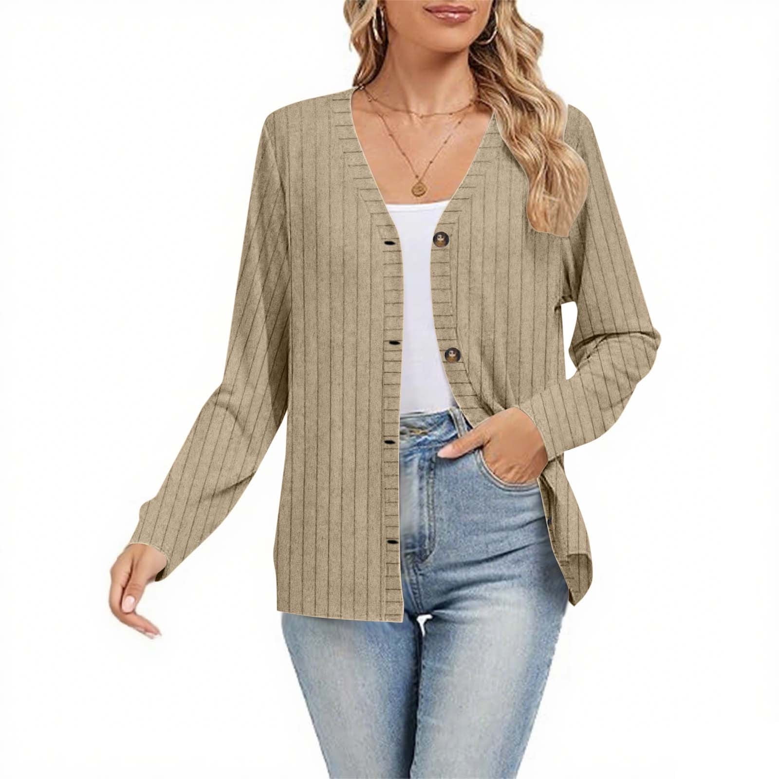 Women Beige V Neck Print side open Fall Knit Long sleeve Cardigans