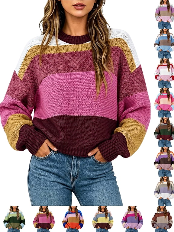 Womens Color Blocked Cropped Sweaters 2026 Fall Winter Trendy Casual Oversized Striped Pullover Tops Light Blue L
