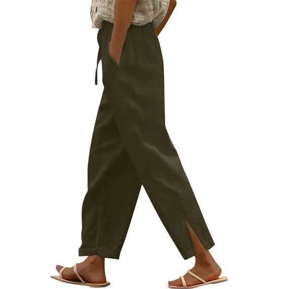 Chiccall Womens Cotton Pants Drawstring High Waisted Wide Leg Cropped Long Pants Fall Solid Straight Trousers