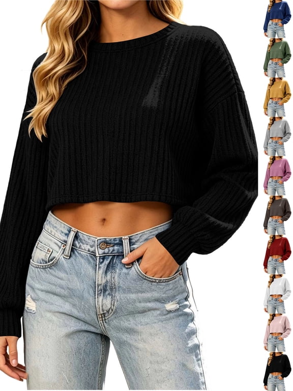 Womens Crew Neck Cropped Sweaters Ribbed Knit Long Sleeve Crop Tops Pullover for Fall Winter
