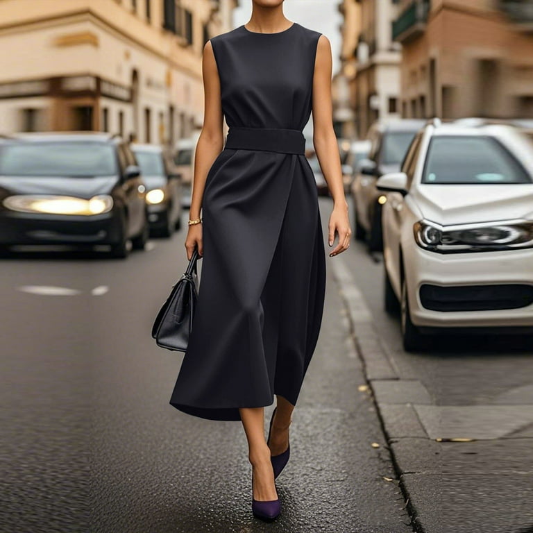 Chiccall Womens Crew Neck Sleeveless Midi Dresses Cocktail Formal Wedding Guest Party Dress Black M