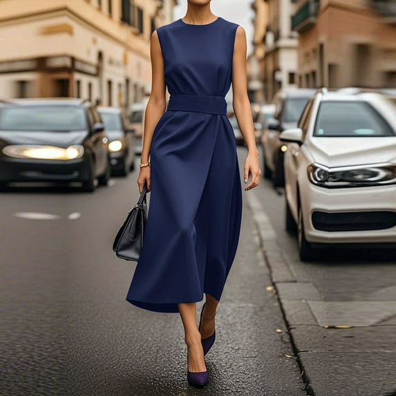 Chiccall Womens Crew Neck Sleeveless Midi Dresses Cocktail Formal Wedding Guest Party Dress Dark Blue XL