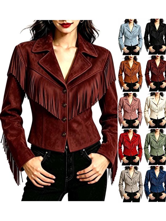 Womens Cropped Fringe Jacket Fashion Slim Fit Long Sleeve Button Down Western Tassel Coat Casual Outerwear