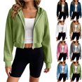 thumbnail image 1 of Chiccall Womens Cropped Zip Up Hoodie Jacket, Raglan Long Sleeve Oversized Solid Open Front Casual Crop Sweatshirt Coat, 1 of 10